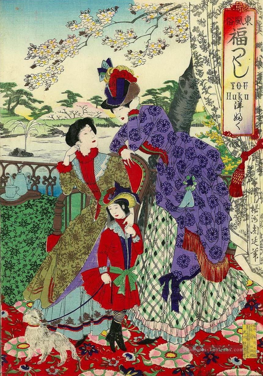 Femmes japonaises dans les vêtements de style occidental Toyohara Chikanobu Peintures à l'huile